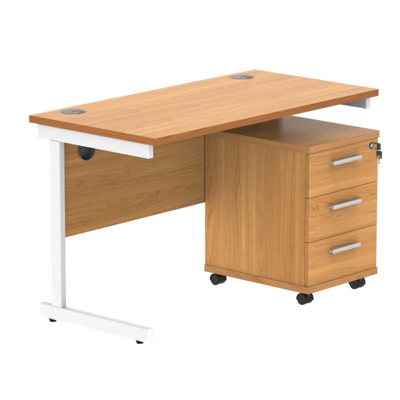 Single Upright Rectangular Desk + 3 Drawer Mobile Under Desk Pedestal | 1200 X 600 | Norwegian Beech/White