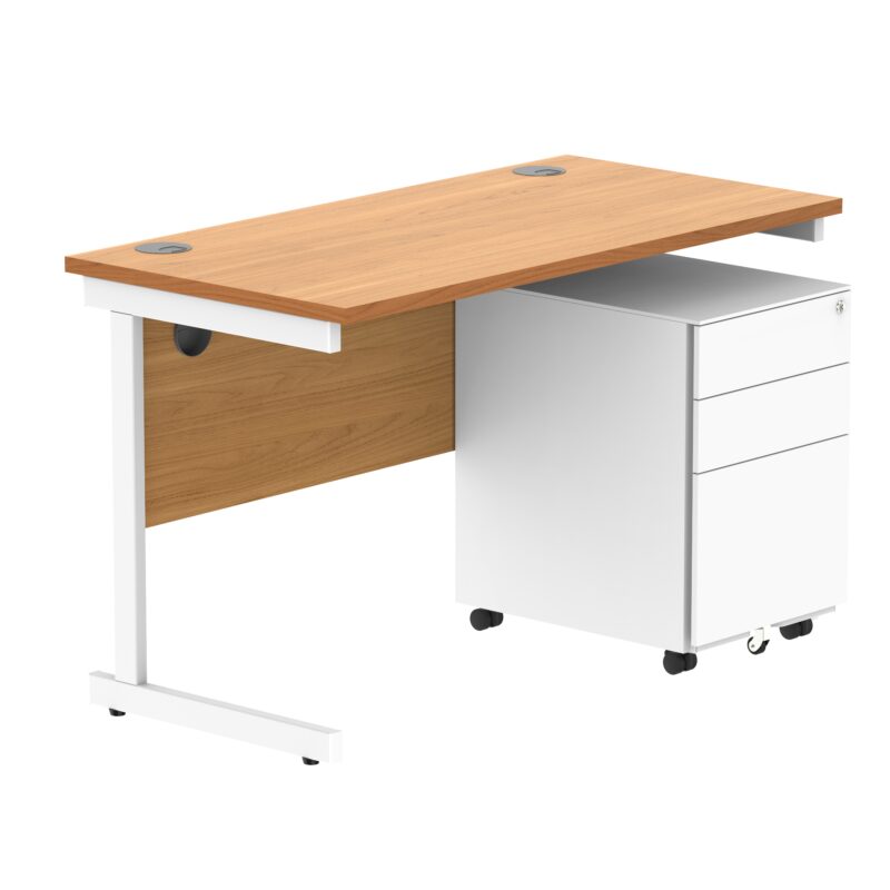 CORE Single Upright Rectangular Desk + Under Desk Steel Pedestal 3 Drawers | 1200 X 600 | Norwegian Beech/White