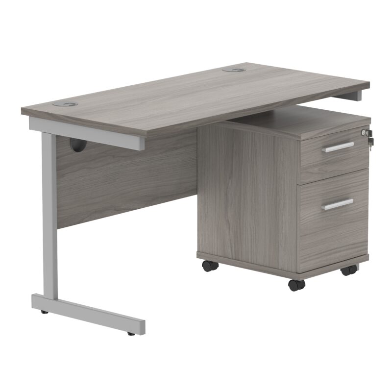 Single Upright Rectangular Desk + 2 Drawer Mobile Under Desk Pedestal | 1200 X 600 | Alaskan Grey Oak/Silver