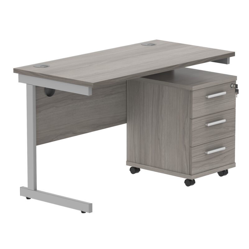 Single Upright Rectangular Desk + 3 Drawer Mobile Under Desk Pedestal | 1200 X 600 | Alaskan Grey Oak/Silver