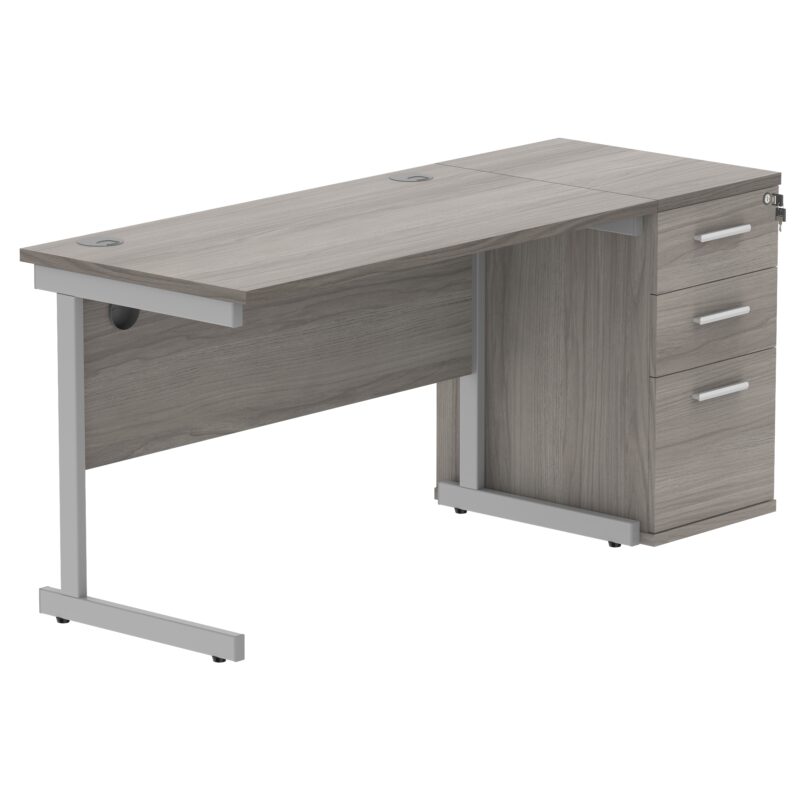 Single Upright Rectangular Desk + Desk High Pedestal | 1200 X 600 | Alaskan Grey Oak/Silver