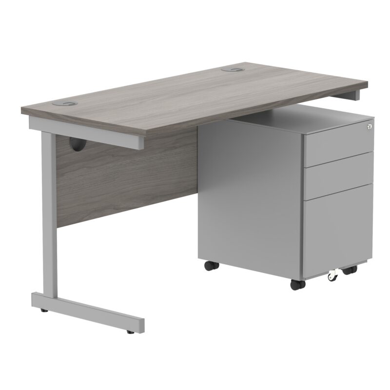 CORE Single Upright Rectangular Desk + Under Desk Steel Pedestal 3 Drawers | 1200 X 600 | Alaskan Grey Oak/Silver