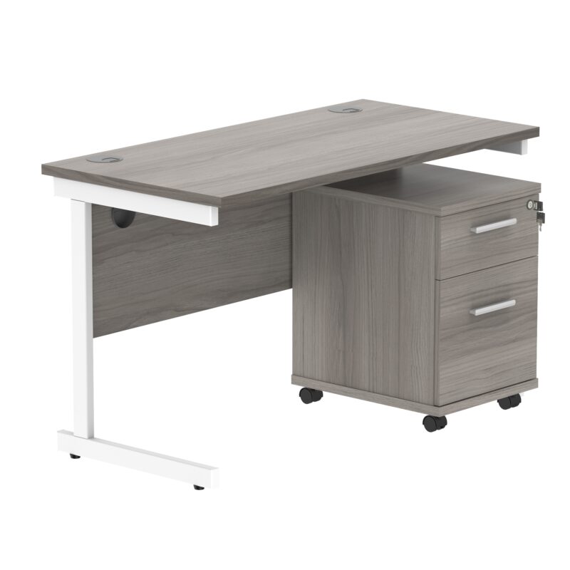 Single Upright Rectangular Desk + 2 Drawer Mobile Under Desk Pedestal | 1200 X 600 | Alaskan Grey Oak/White