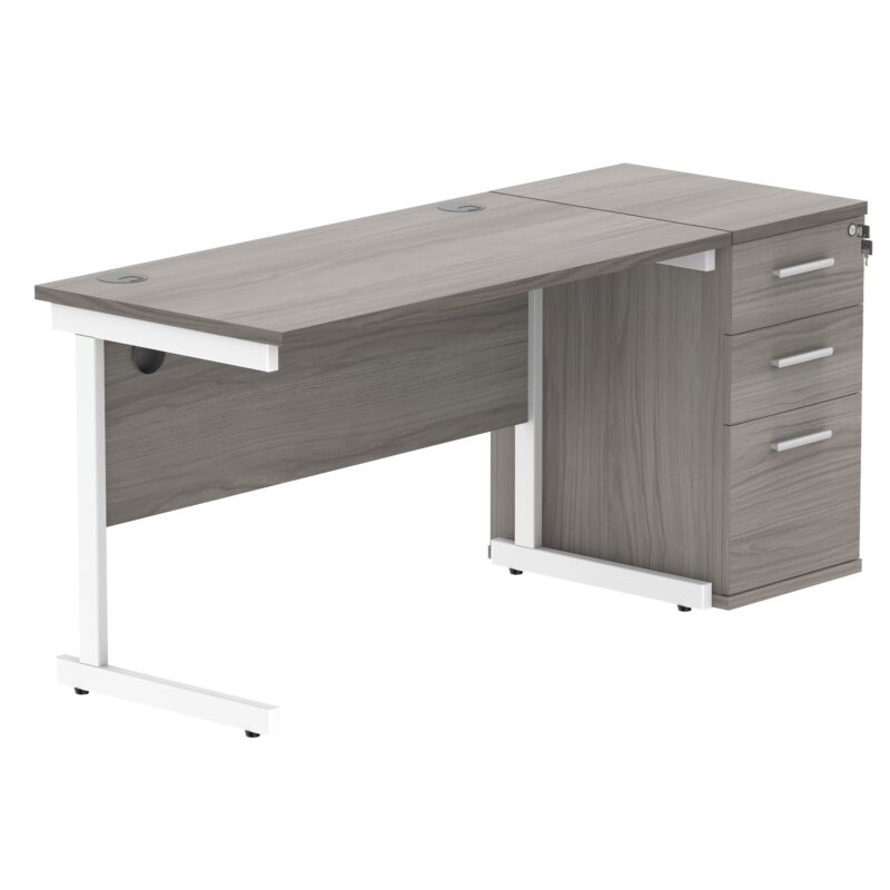 Single Upright Rectangular Desk + Desk High Pedestal | 1200 X 600 | Alaskan Grey Oak/White