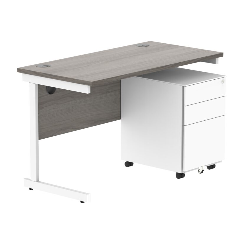 CORE Single Upright Rectangular Desk + Under Desk Steel Pedestal 3 Drawers | 1200 X 600 | Alaskan Grey Oak/White