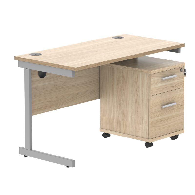 Single Upright Rectangular Desk + 2 Drawer Mobile Under Desk Pedestal | 1200 X 600 | Canadian Oak/Silver