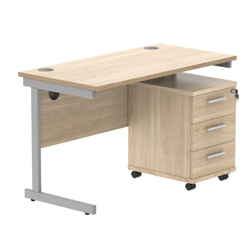 Single Upright Rectangular Desk + 3 Drawer Mobile Under Desk Pedestal | 1200 X 600 | Canadian Oak/Silver