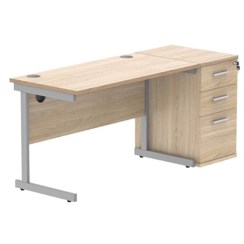 Single Upright Rectangular Desk + Desk High Pedestal | 1200 X 600 | Canadian Oak/Silver