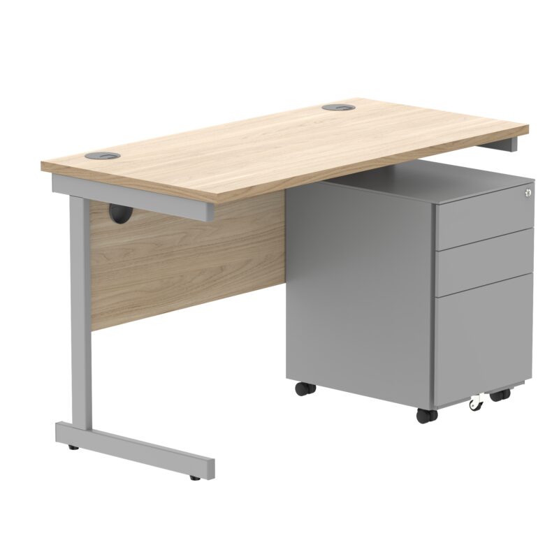 CORE Single Upright Rectangular Desk + Under Desk Steel Pedestal 3 Drawers | 1200 X 600 | Canadian Oak/Silver