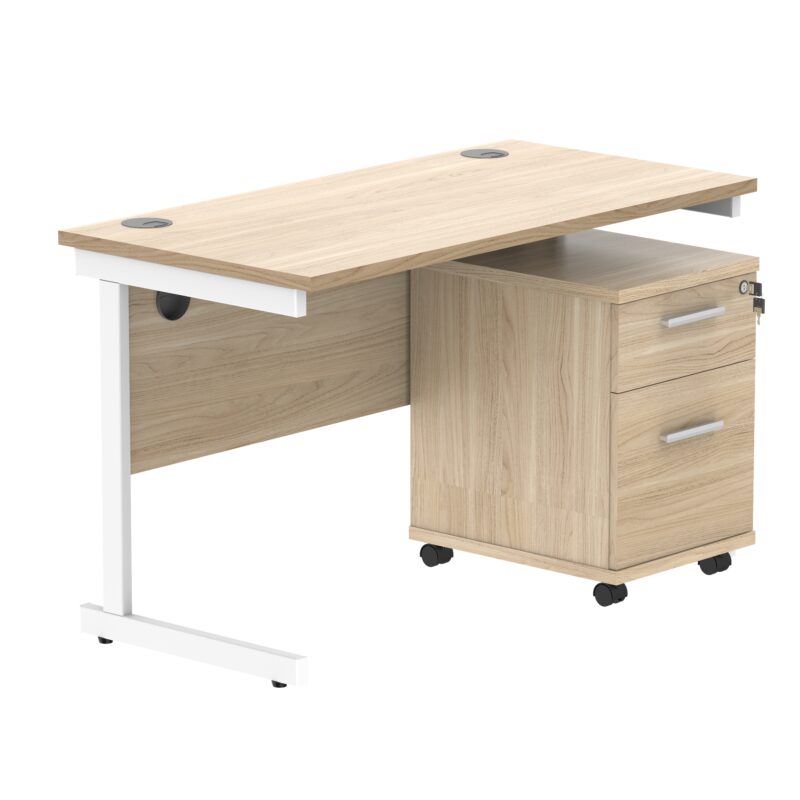 Single Upright Rectangular Desk + 2 Drawer Mobile Under Desk Pedestal | 1200 X 600 | Canadian Oak/White