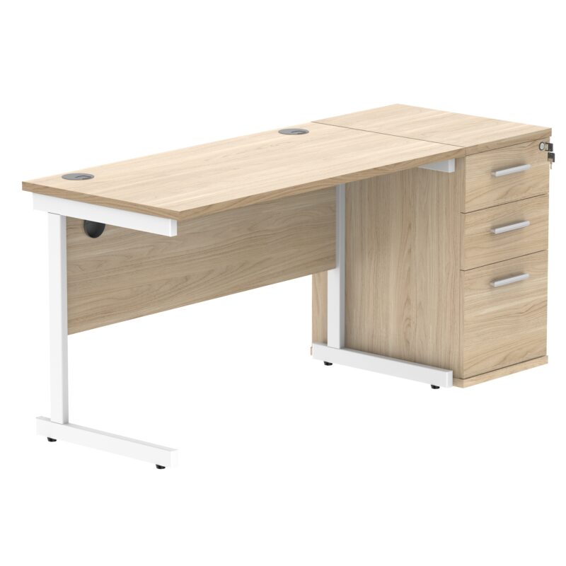 Single Upright Rectangular Desk + Desk High Pedestal | 1200 X 600 | Canadian Oak/White