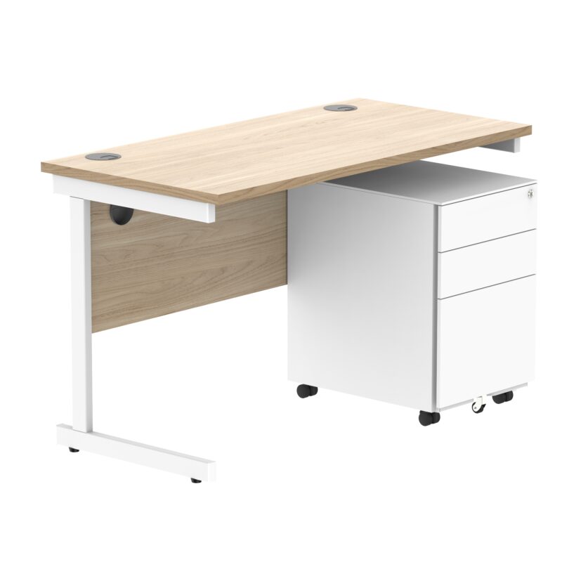 CORE Single Upright Rectangular Desk + Under Desk Steel Pedestal 3 Drawers | 1200 X 600 | Canadian Oak/White