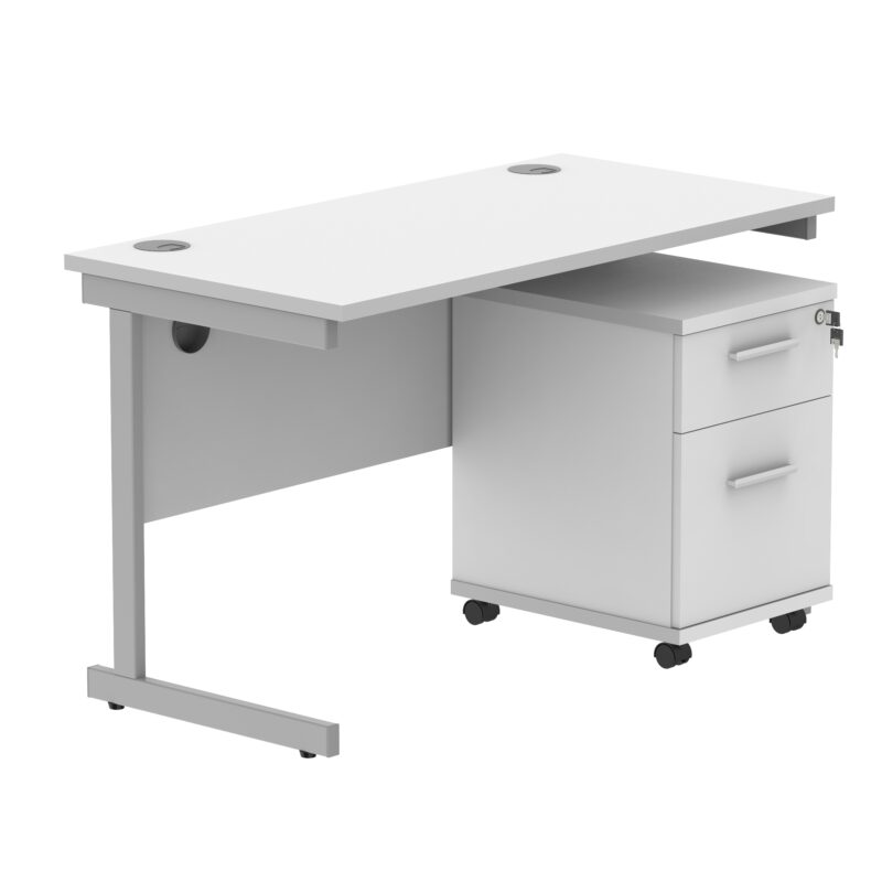 Single Upright Rectangular Desk + 2 Drawer Mobile Under Desk Pedestal | 1200 X 600 | Arctic White/Silver