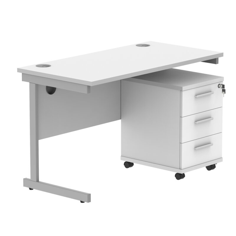 Single Upright Rectangular Desk + 3 Drawer Mobile Under Desk Pedestal | 1200 X 600 | Arctic White/Silver