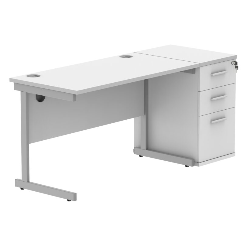 Single Upright Rectangular Desk + Desk High Pedestal | 1200 X 600 | Arctic White/Silver