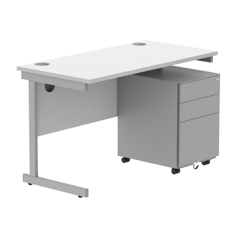 CORE Single Upright Rectangular Desk + Under Desk Steel Pedestal 3 Drawers | 1200 X 600 | Arctic White/Silver