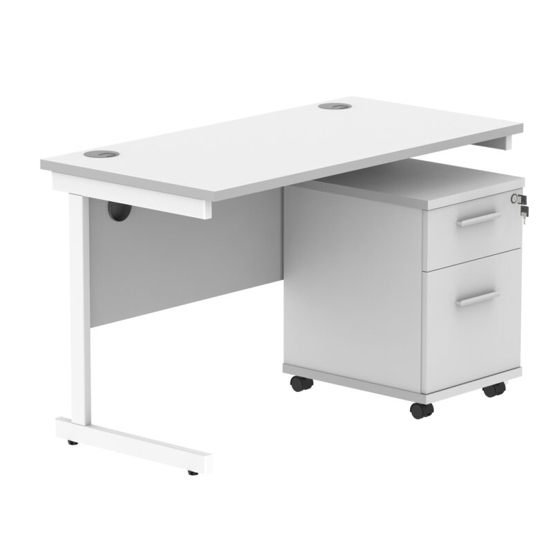 Single Upright Rectangular Desk + 2 Drawer Mobile Under Desk Pedestal | 1200 X 600 | Arctic White/White