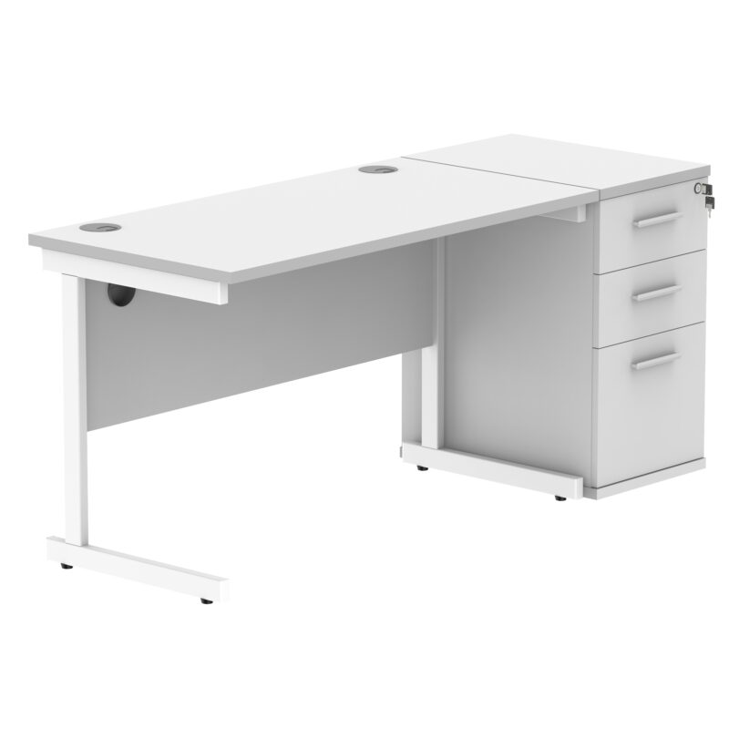 Single Upright Rectangular Desk + Desk High Pedestal | 1200 X 600 | Arctic White/White