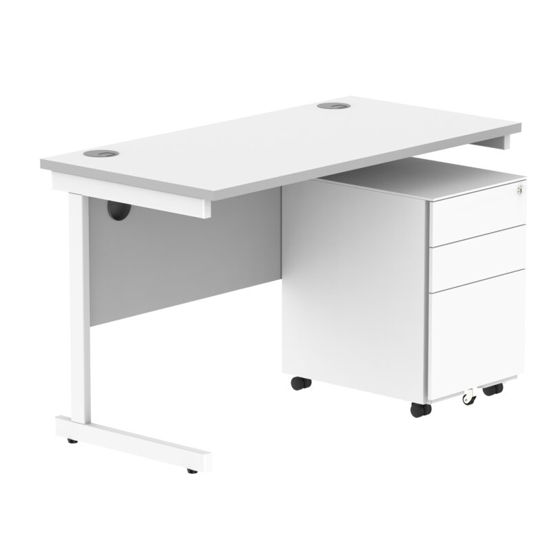 CORE Single Upright Rectangular Desk + Under Desk Steel Pedestal 3 Drawers | 1200 X 600 | Arctic White/White