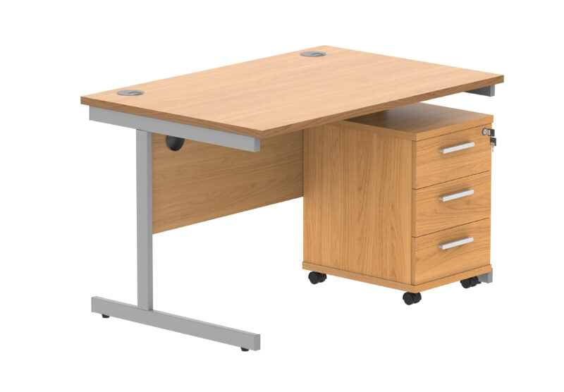 Single Upright Rectangular Desk + 2 Drawer Mobile Under Desk Pedestal | 1200 X 800 | Norwegian Beech/Silver