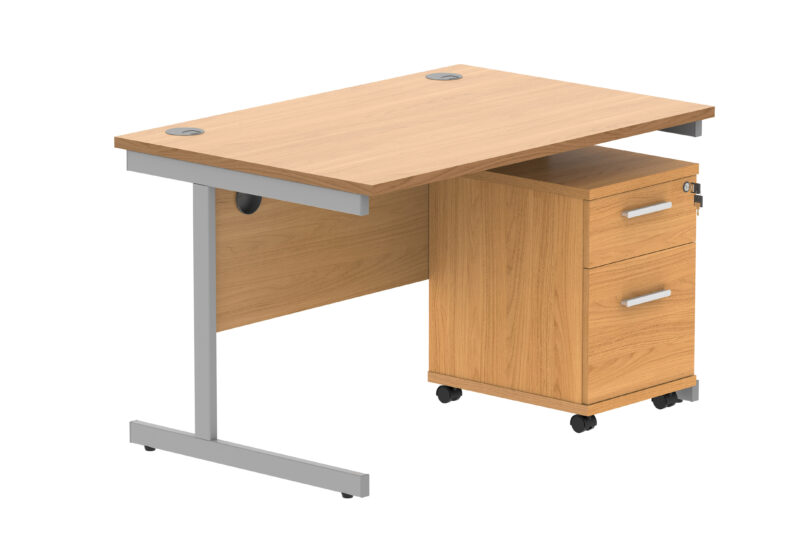 Single Upright Rectangular Desk + 3 Drawer Mobile Under Desk Pedestal | 1200 X 800 | Norwegian Beech/Silver