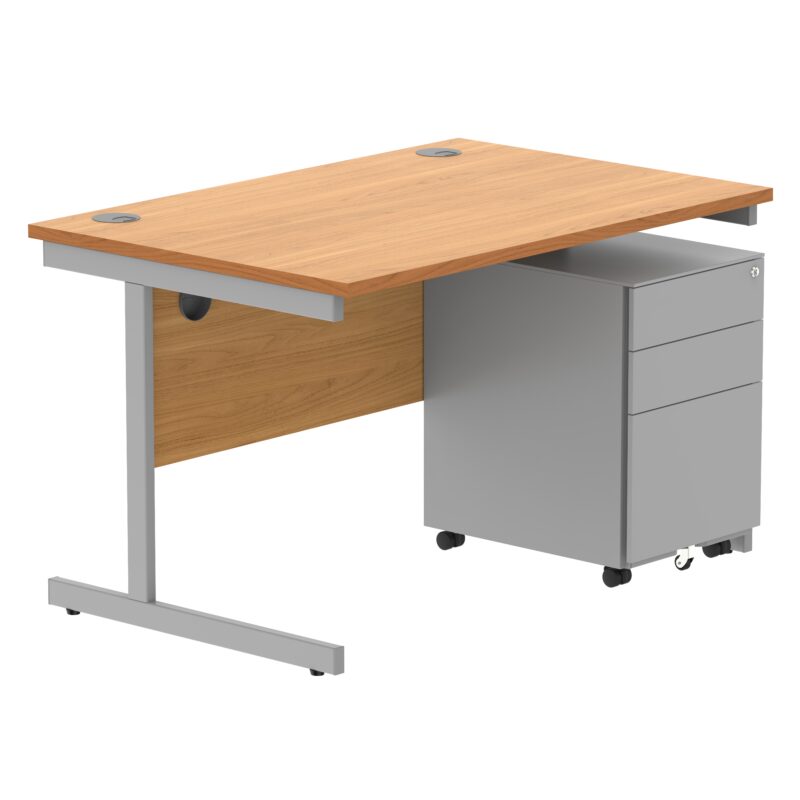 CORE Single Upright Rectangular Desk + Under Desk Steel Pedestal 3 Drawers | 1200 X 800 | Norwegian Beech/Silver