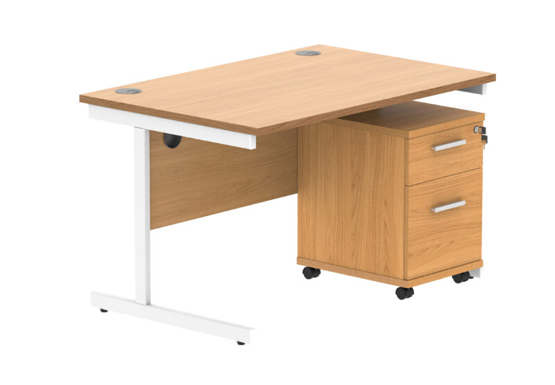 Single Upright Rectangular Desk + 2 Drawer Mobile Under Desk Pedestal | 1200 X 800 | Norwegian Beech/White