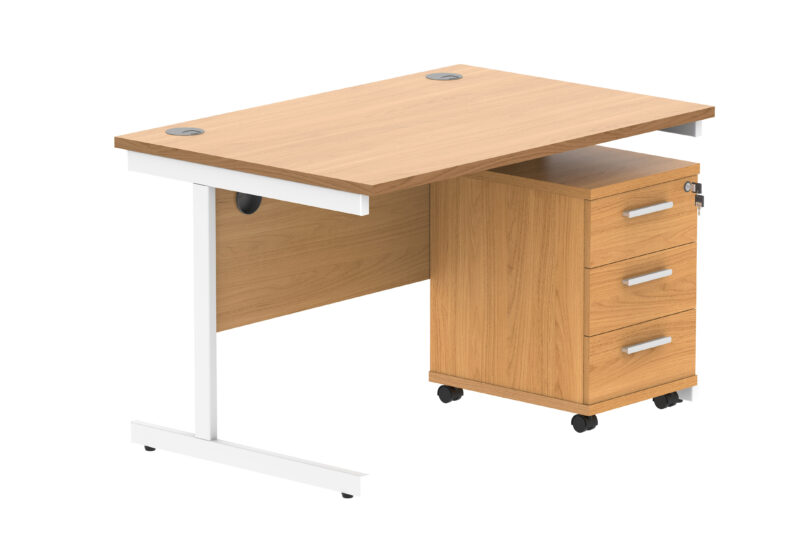 Single Upright Rectangular Desk + 3 Drawer Mobile Under Desk Pedestal | 1200 X 800 | Norwegian Beech/White