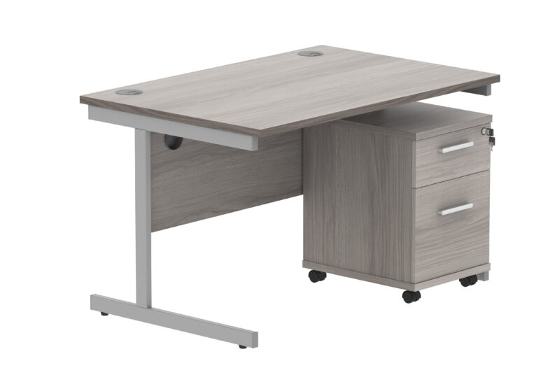 Single Upright Rectangular Desk + 2 Drawer Mobile Under Desk Pedestal | 1200 X 800 | Alaskan Grey Oak/Silver