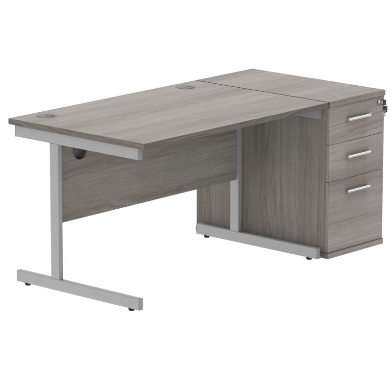 Single Upright Rectangular Desk + Desk High Pedestal | 1200 X 800 | Alaskan Grey Oak/Silver