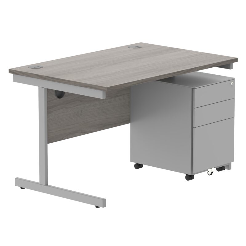 CORE Single Upright Rectangular Desk + Under Desk Steel Pedestal 3 Drawers | 1200 X 800 | Alaskan Grey Oak/Silver