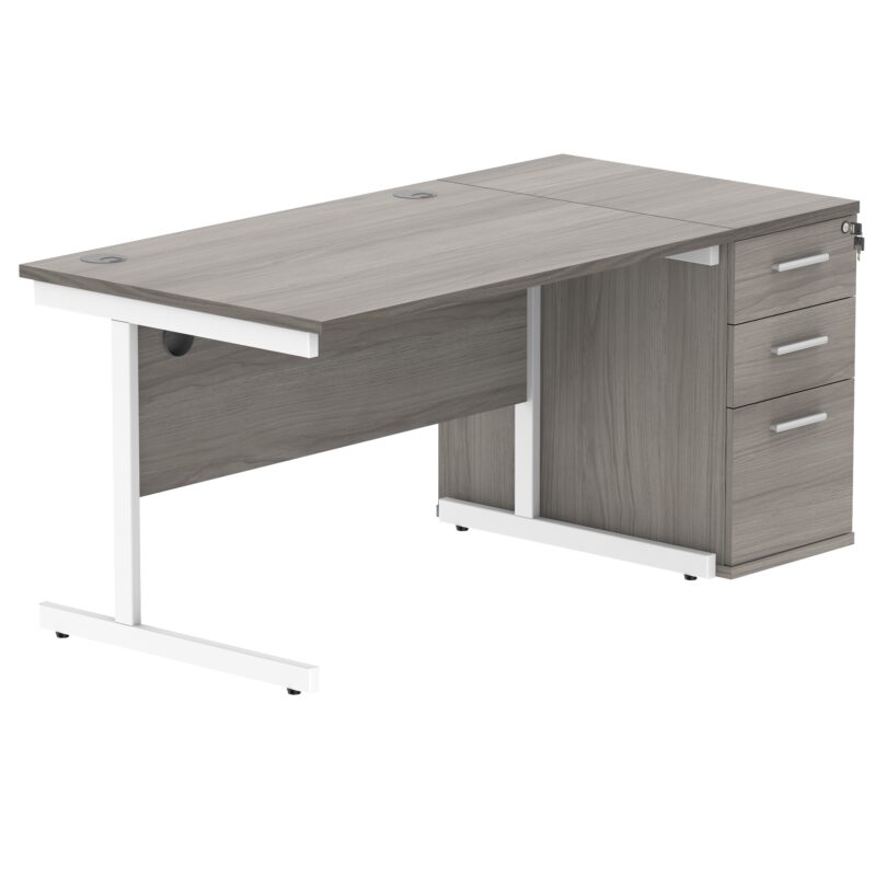 Single Upright Rectangular Desk + Desk High Pedestal | 1200 X 800 | Alaskan Grey Oak/White