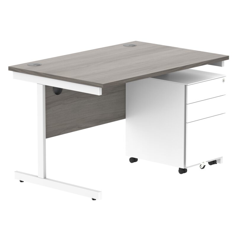 CORE Single Upright Rectangular Desk + Under Desk Steel Pedestal 3 Drawers | 1200 X 800 | Alaskan Grey Oak/White