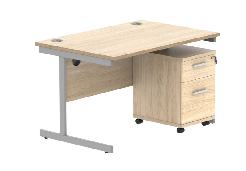 Single Upright Rectangular Desk + 2 Drawer Mobile Under Desk Pedestal | 1200 X 800 | Canadian Oak/Silver