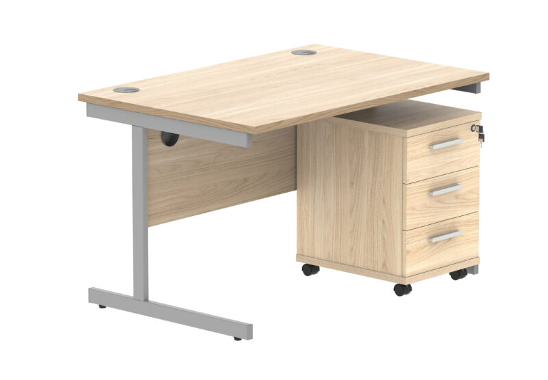 Single Upright Rectangular Desk + 3 Drawer Mobile Under Desk Pedestal | 1200 X 800 | Canadian Oak/Silver