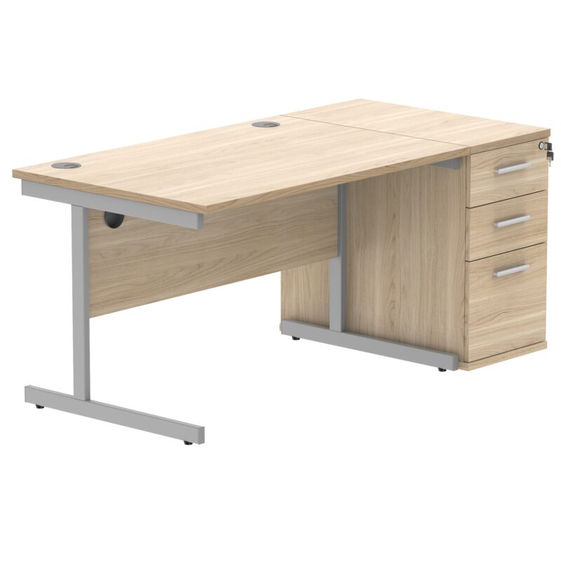 Single Upright Rectangular Desk + Desk High Pedestal | 1200 X 800 | Canadian Oak/Silver