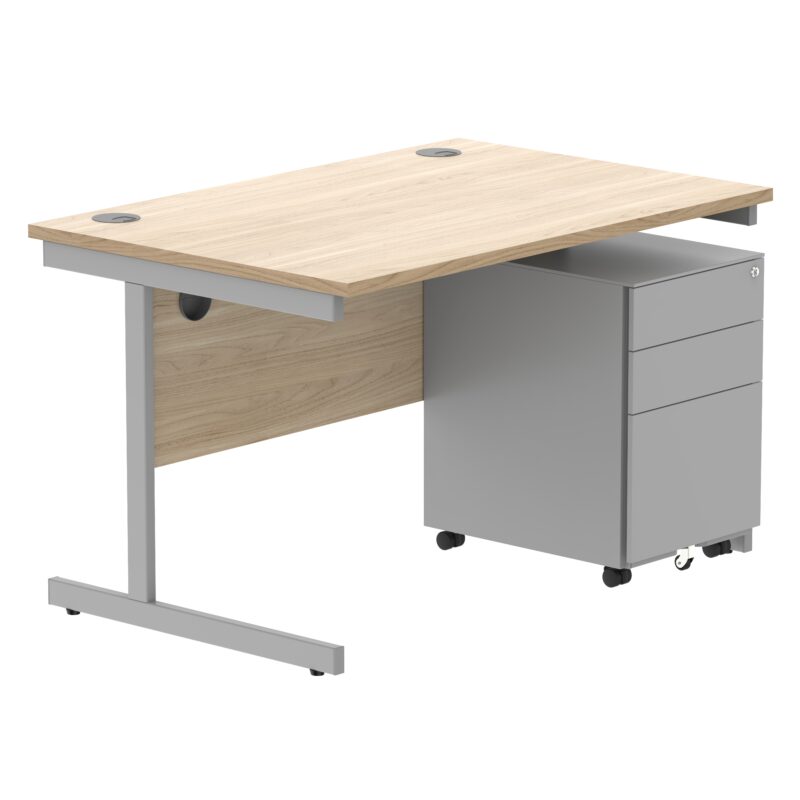 CORE Single Upright Rectangular Desk + Under Desk Steel Pedestal 3 Drawers | 1200 X 800 | Canadian Oak/Silver