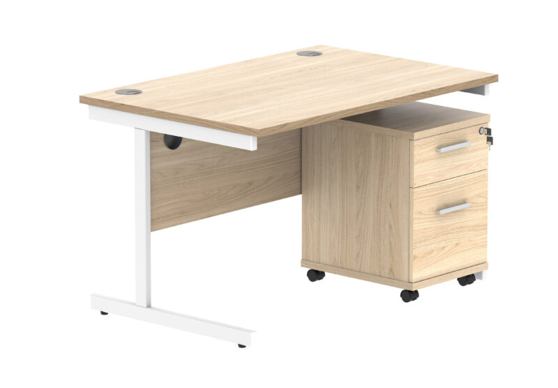 Single Upright Rectangular Desk + 2 Drawer Mobile Under Desk Pedestal | 1200 X 800 | Canadian Oak/White