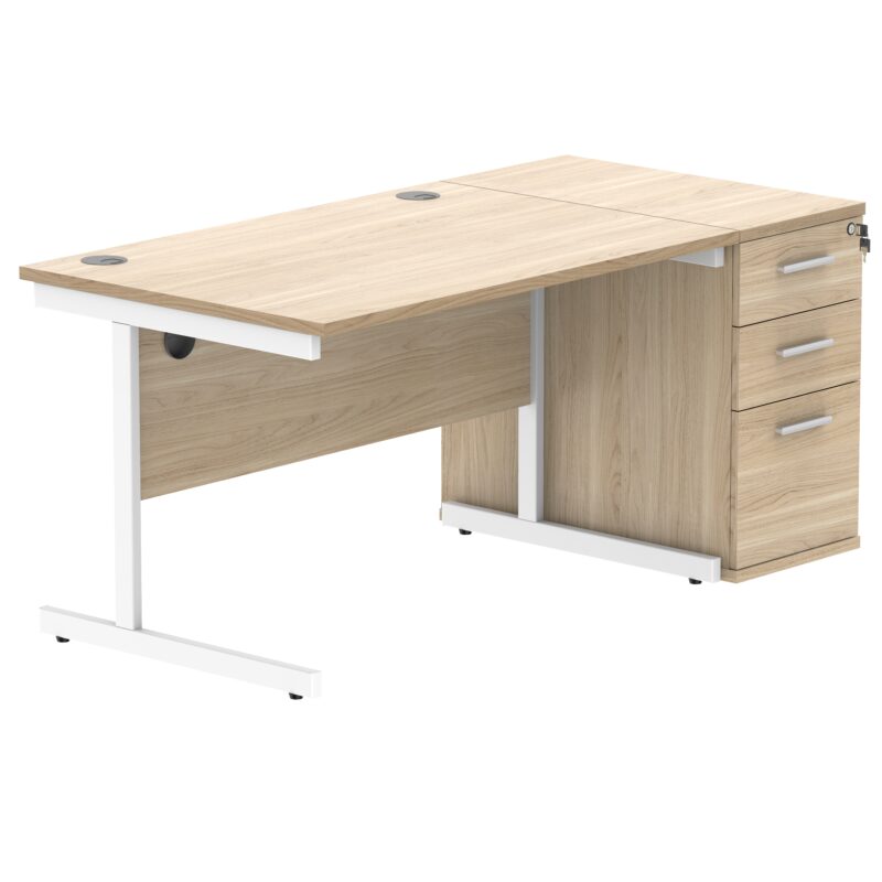 Single Upright Rectangular Desk + Desk High Pedestal | 1200 X 800 | Canadian Oak/White