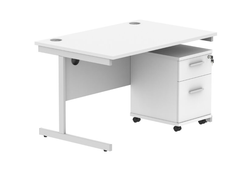 Single Upright Rectangular Desk + 2 Drawer Mobile Under Desk Pedestal | 1200 X 800 | Arctic White/Silver