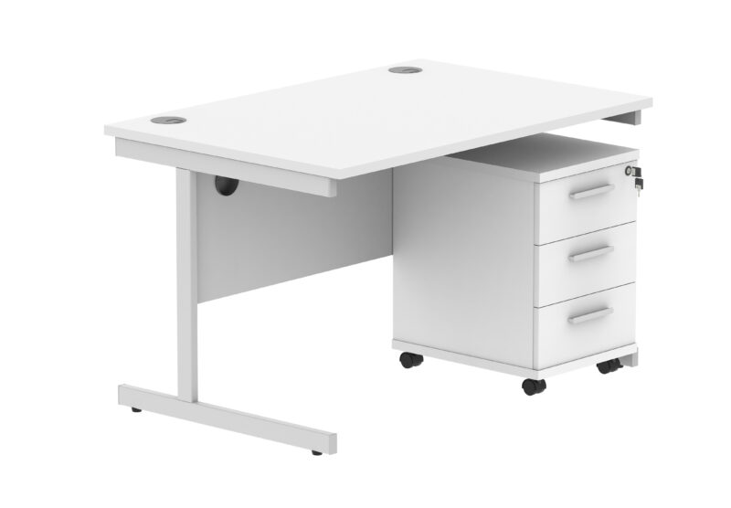 Single Upright Rectangular Desk + 3 Drawer Mobile Under Desk Pedestal | 1200 X 800 | Arctic White/Silver