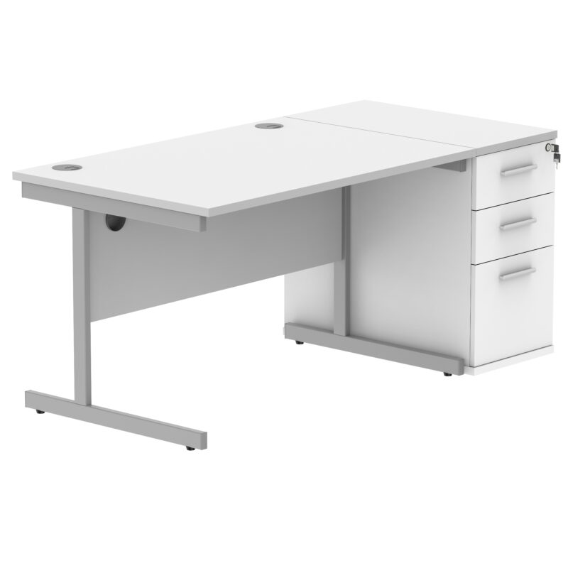 Single Upright Rectangular Desk + Desk High Pedestal | 1200 X 800 | Arctic White/Silver