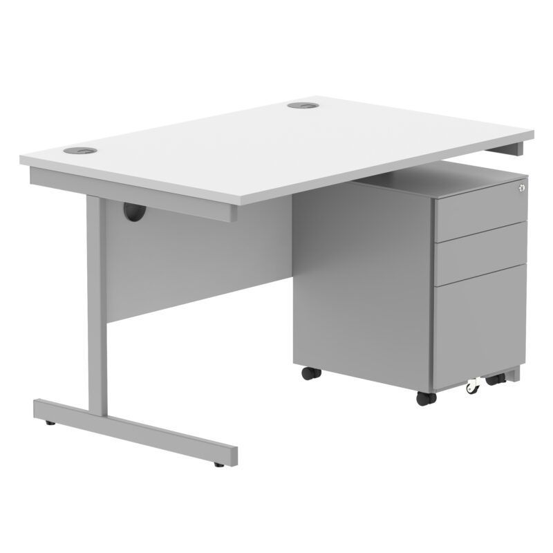 CORE Single Upright Rectangular Desk + Under Desk Steel Pedestal 3 Drawers | 1200 X 800 | Arctic White/Silver