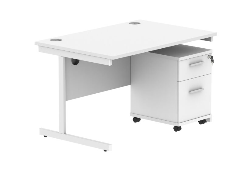 Single Upright Rectangular Desk + 2 Drawer Mobile Under Desk Pedestal | 1200 X 800 | Arctic White/White