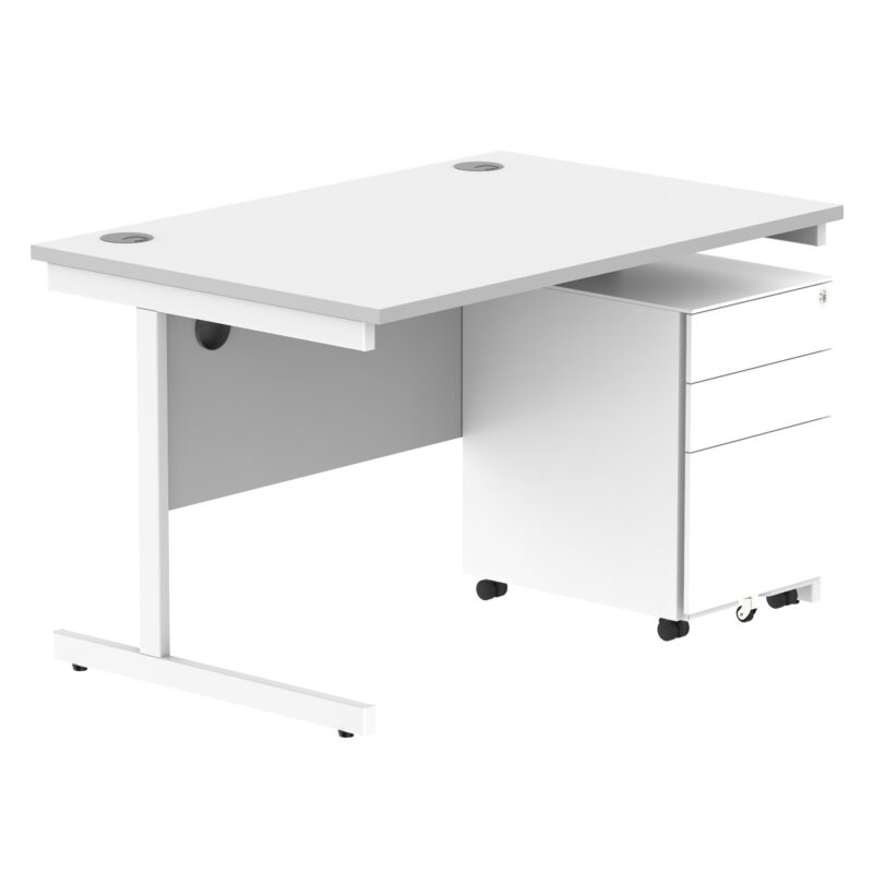 CORE Single Upright Rectangular Desk + Under Desk Steel Pedestal 3 Drawers | 1200 X 800 | Arctic White/White