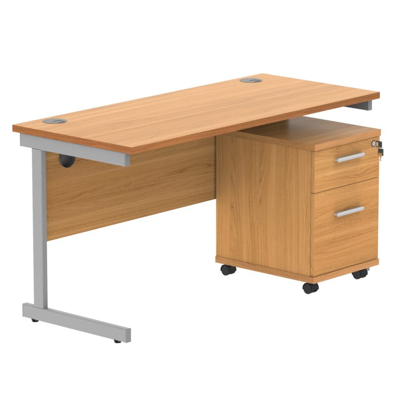 Single Upright Rectangular Desk + 2 Drawer Mobile Under Desk Pedestal | 1400 X 600 | Norwegian Beech/Silver