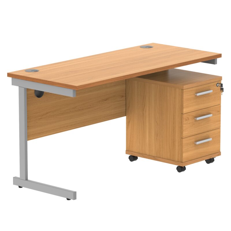 Single Upright Rectangular Desk + 3 Drawer Mobile Under Desk Pedestal | 1400 X 600 | Norwegian Beech/Silver