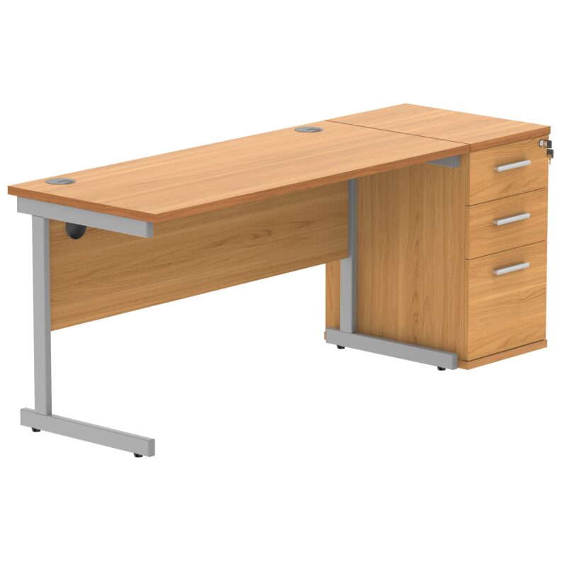 Single Upright Rectangular Desk + Desk High Pedestal | 1400 X 600 | Norwegian Beech/Silver