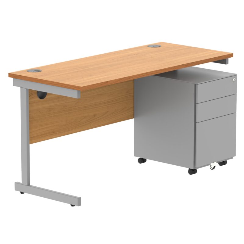 CORE Single Upright Rectangular Desk + Under Desk Steel Pedestal 3 Drawers | 1400 X 600 | Norwegian Beech/Silver