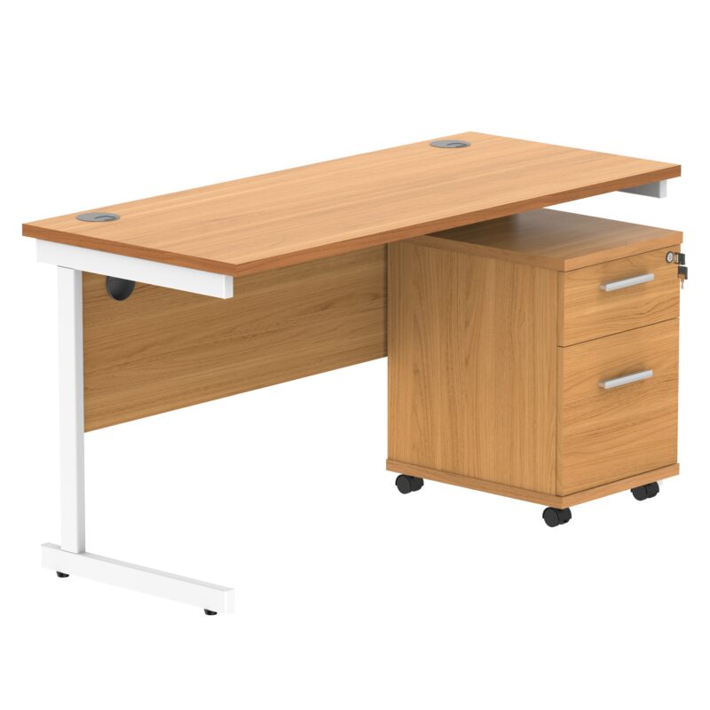 Single Upright Rectangular Desk + 2 Drawer Mobile Under Desk Pedestal | 1400 X 600 | Norwegian Beech/White